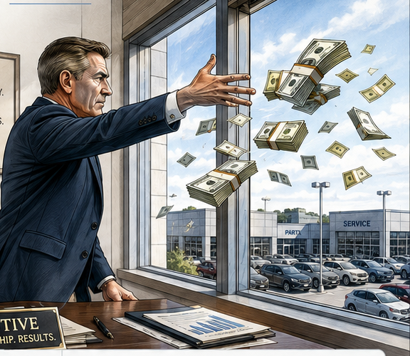 Illustrative executive throwing money out of a dealership office window
